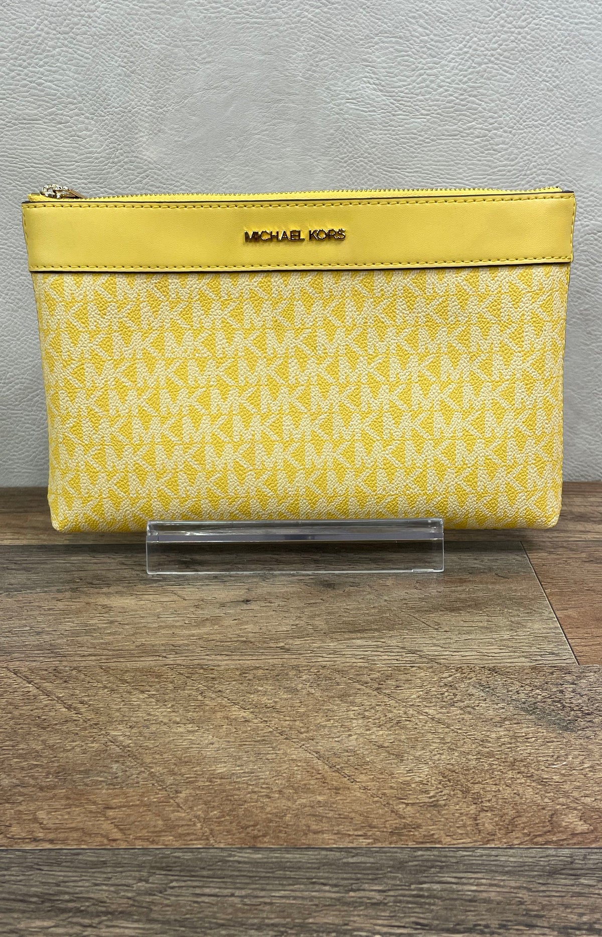 Michael Kors Yellow Monogram Coated Canvas Zip Top Clutch Pouch Bag