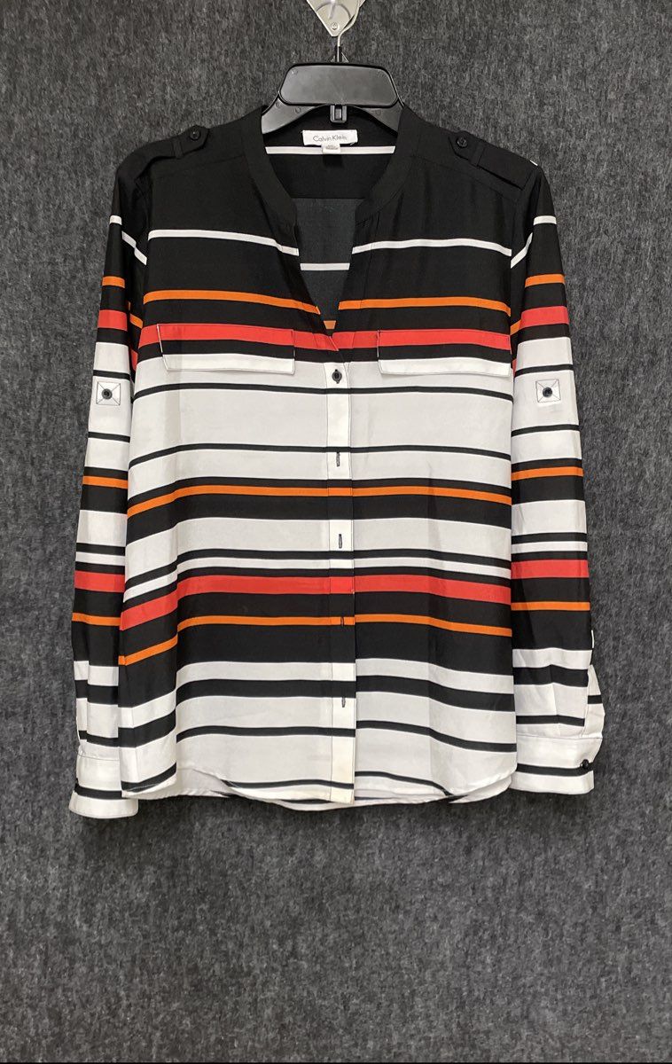 Calvin Klein Women's Black White Striped Blouse Roll Tab Sleeve Epaulette Sz M