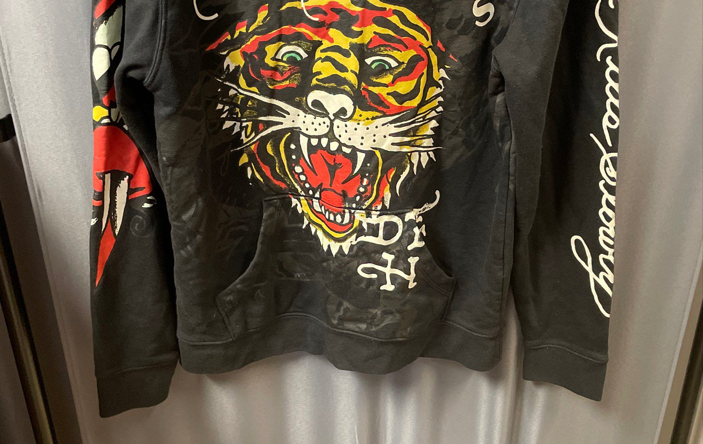 Vintage Ed Hardy Men's Black Tiger Graphic Hoodie Love Kills Slowly Y2K Sz S