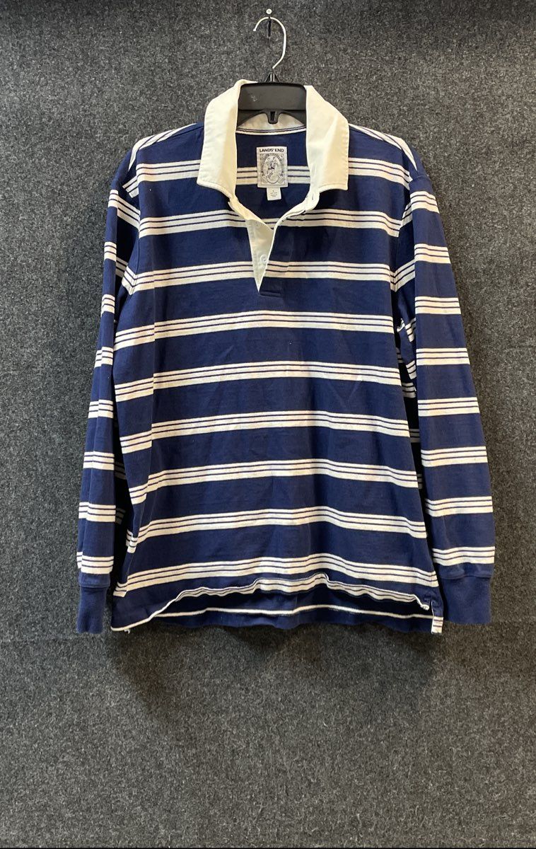 Lands' End Men's Blue White Striped Long Sleeve Cotton Rugby Shirt Sz L