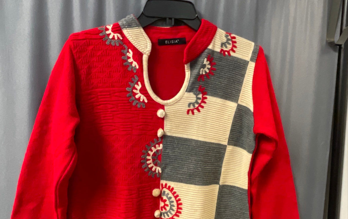 Elisia Women's Red Grey White Colorblock Checkered Knit Sweater Dress Sz M