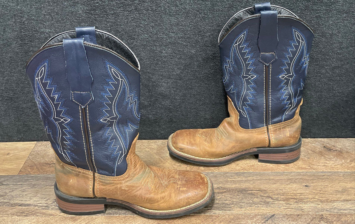 J.B. Dillon Kids Brown Blue Leather Square Toe Western Cowboy Boots Size 3
