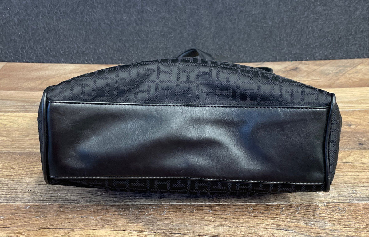 Tommy Hilfiger Black Monogram Jacquard Shoulder Tote Bag Gold Hardware