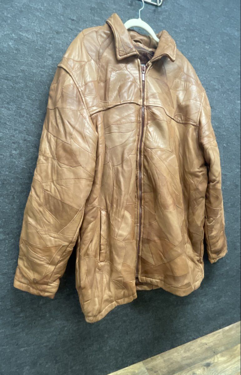 Vintage Legacy Men's Tan Patchwork Leather Full Zip Jacket Faux Fur Lined Sz 4XL