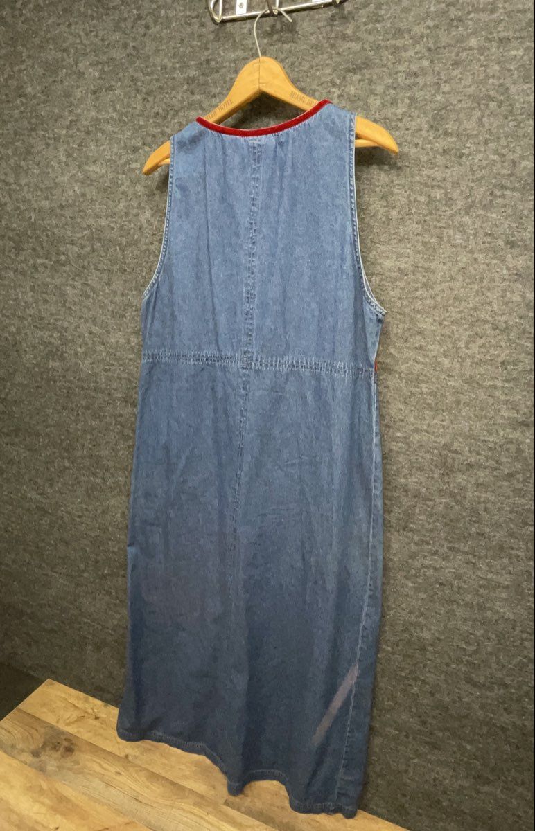 Erika & Co Women's Vintage 90s Denim Maxi Jumper Dress Blue Floral Red Trim Sz M
