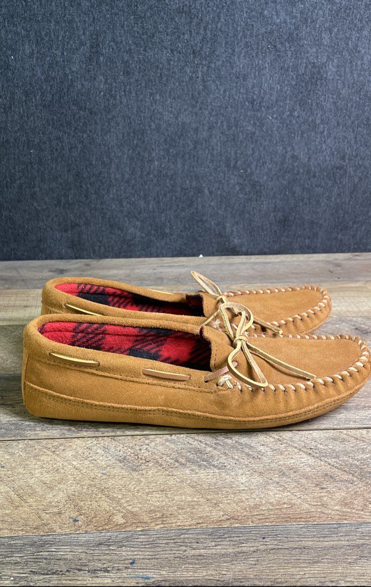 Minnetonka Men's Double Bottom Fleece Brown Suede Moccasin Slippers Size 11.5