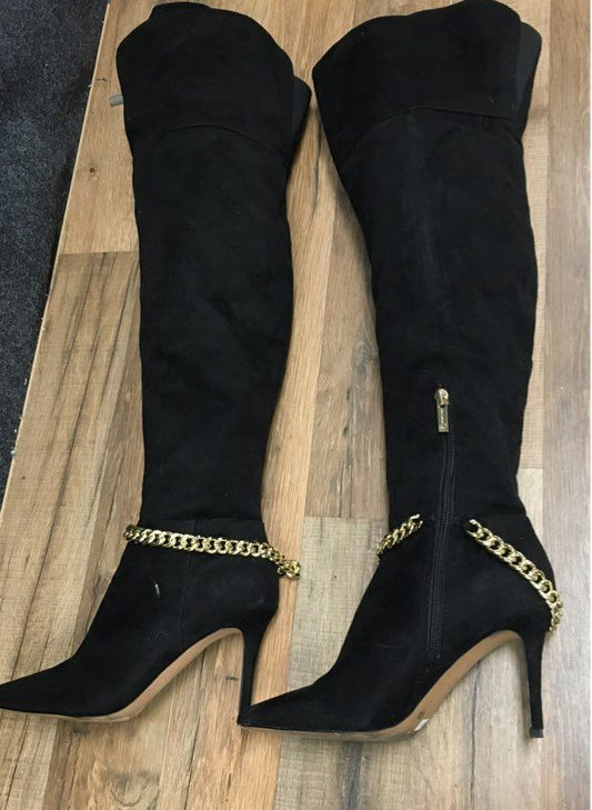 Jessica Simpson Ammira Black Faux Suede Over The Knee Boots Gold Chain Size 7