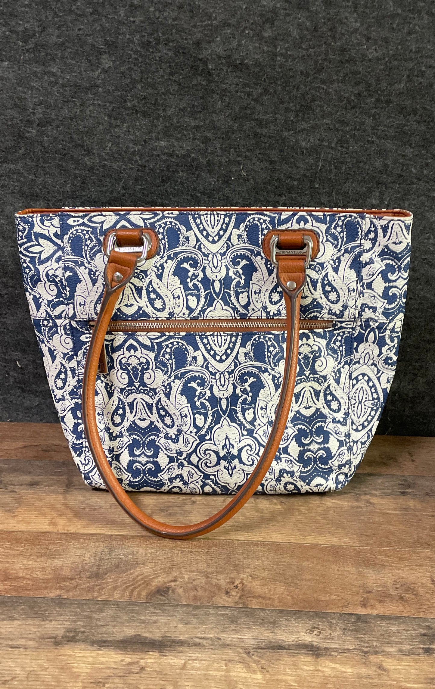 Tignanello Tote Handbag Lot of 2 Blue Paisley Brown Leather Silver Hardware