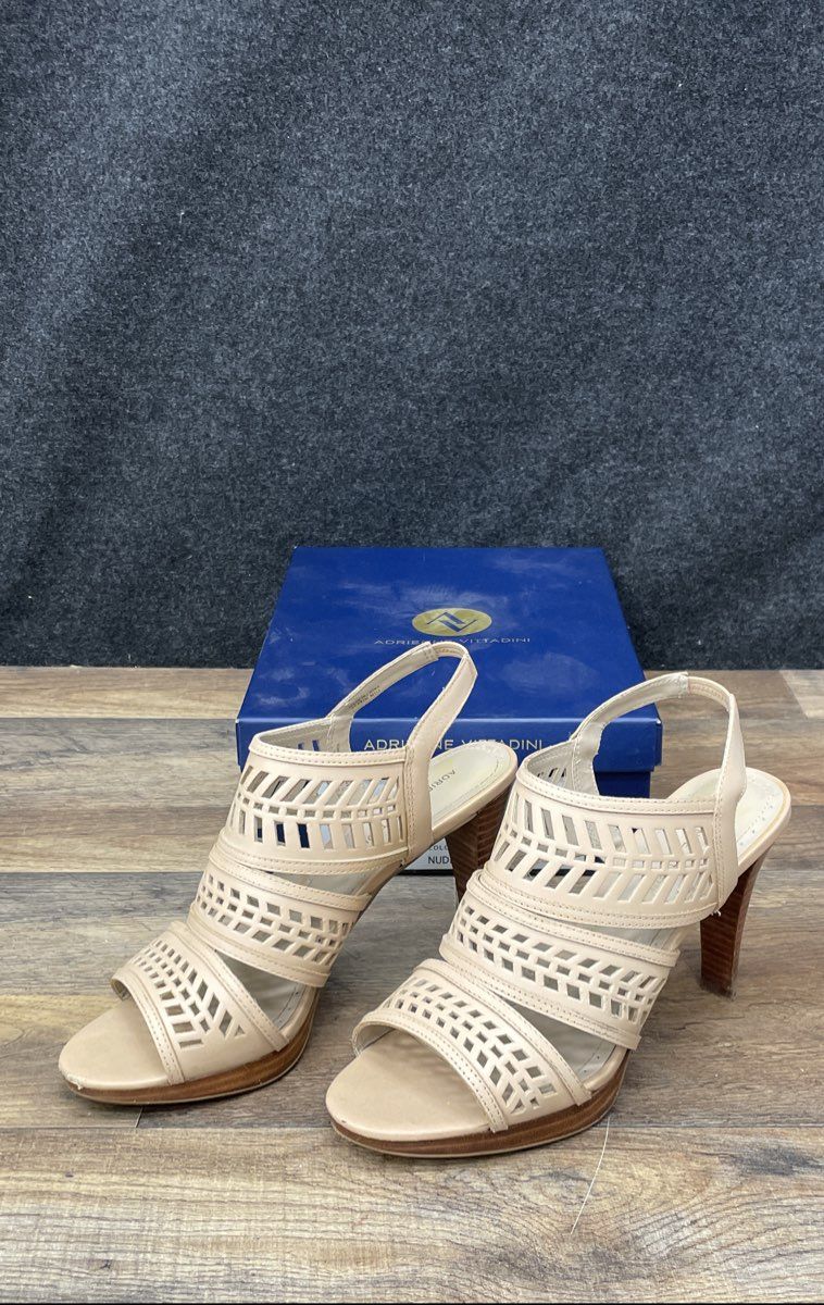 Adrienne Vittadini Prim Nude Leather Laser Cut Platform Slingback Heels Size 9.5