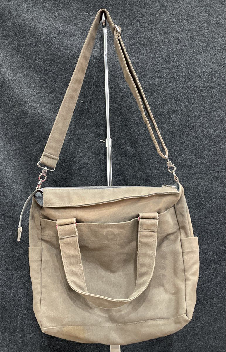 Luckycann Grey Canvas Multi-Pocket Tote Shoulder Bag Crossbody Large
