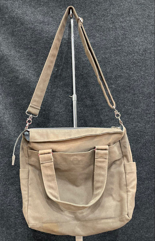 Luckycann Grey Canvas Multi-Pocket Tote Shoulder Bag Crossbody Large