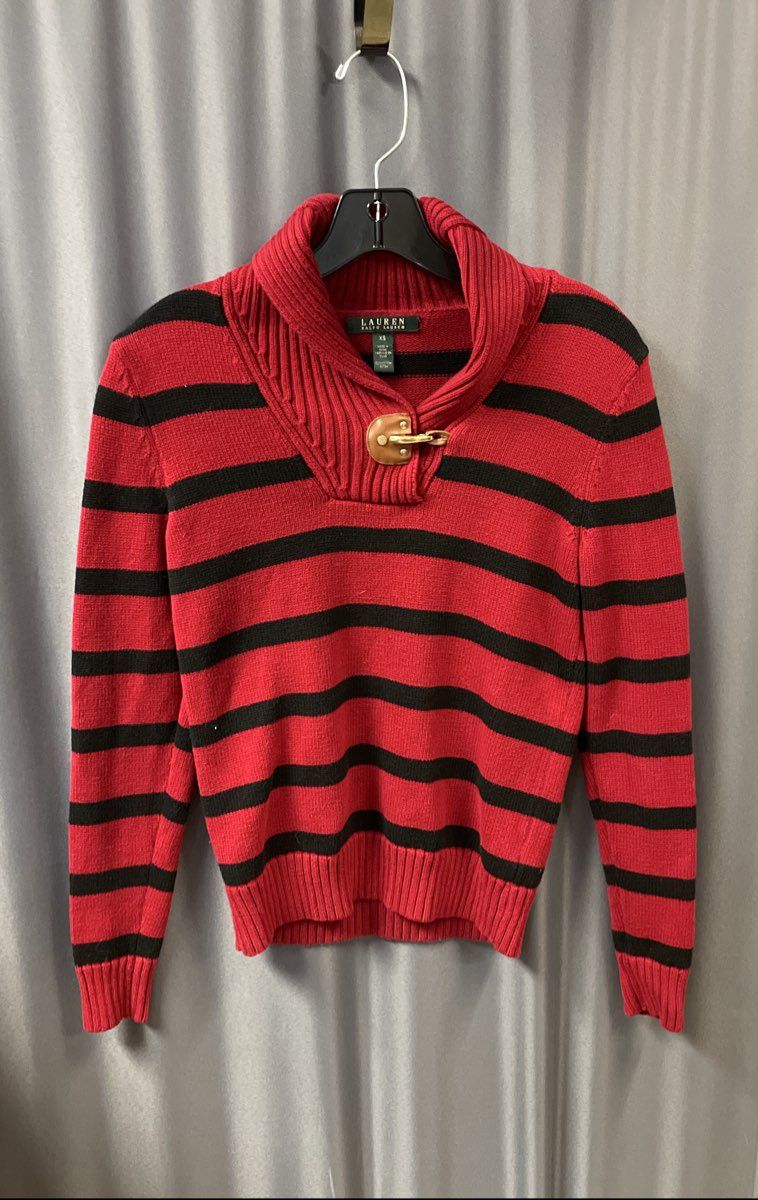 Lauren Ralph Lauren Women's Red Black Striped Shawl Collar Toggle Sweater Sz XS