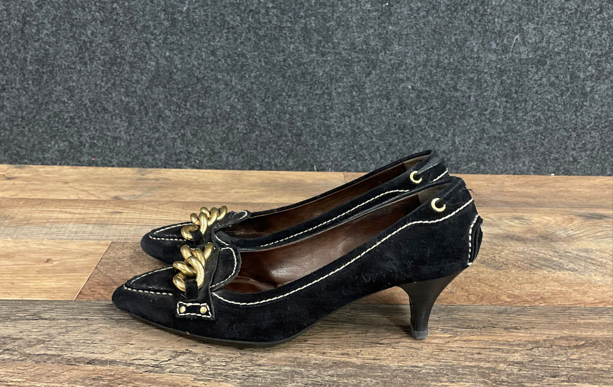 The Original Car Shoe Black Suede Gold Chain Kitten Heel Pumps Size 36.5