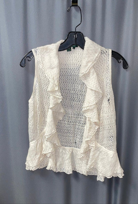 Lauren Ralph Lauren Women's White Linen Knit Ruffle Cardigan Vest Sz M