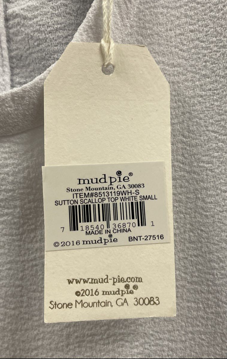 Mud Pie Women's Sutton Scallop Top White Sleeveless Eyelet Hem NWT Sz S 4-6