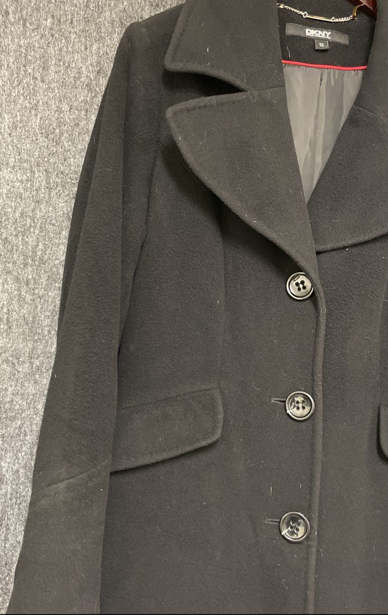 DKNY Women's Black Wool Blend Long Walking Overcoat Pea Coat Jacket Sz 12