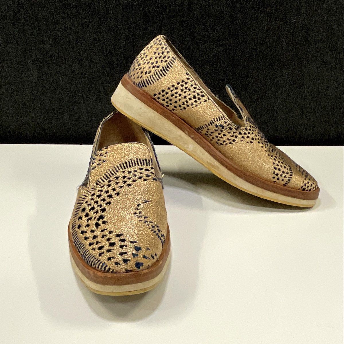 Free People At Once Gold Navy Embroidered Platform Loafer Women's