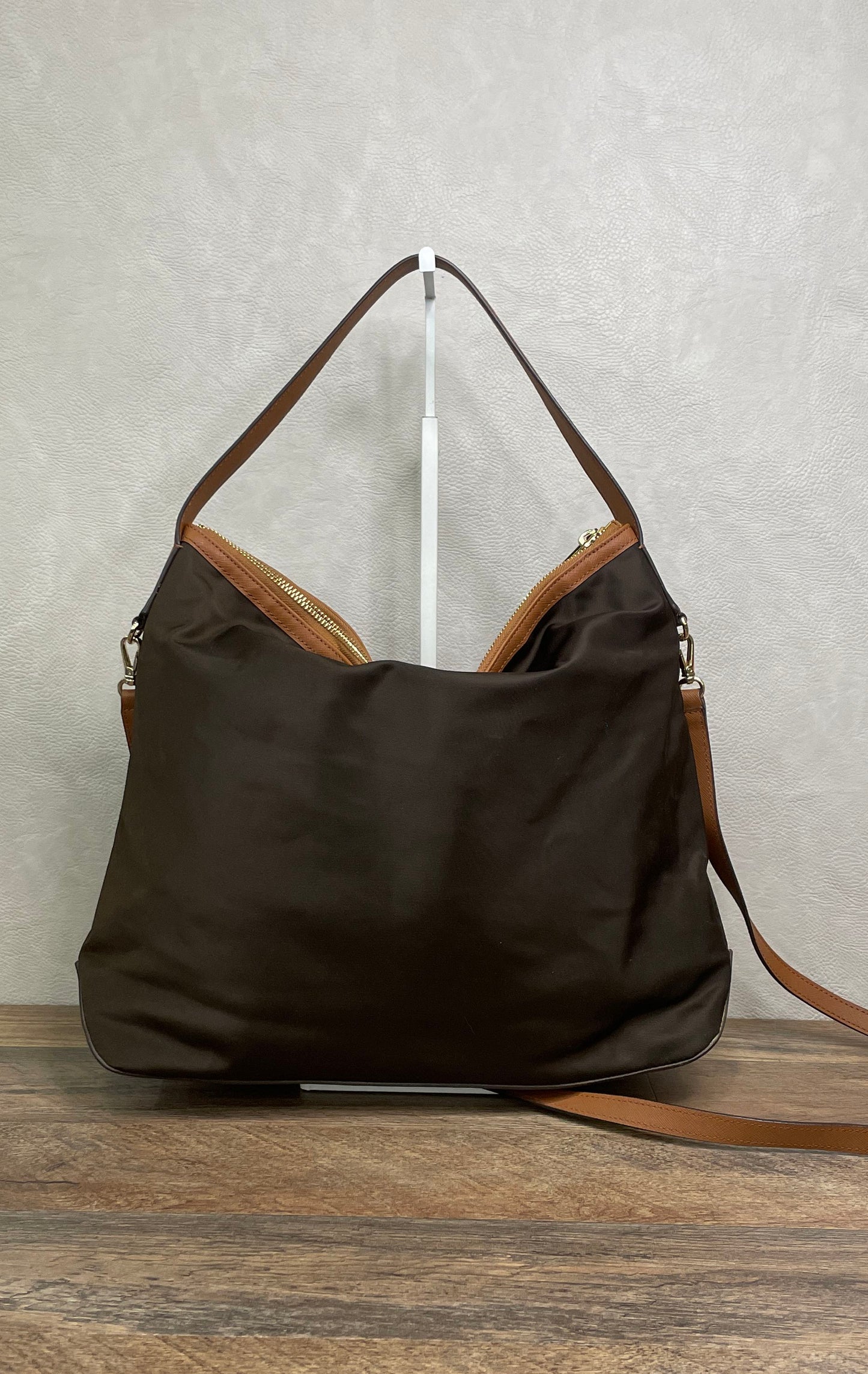 Michael Kors Brown Nylon Saffiano Leather Trim Hobo Shoulder Bag Gold Hardware