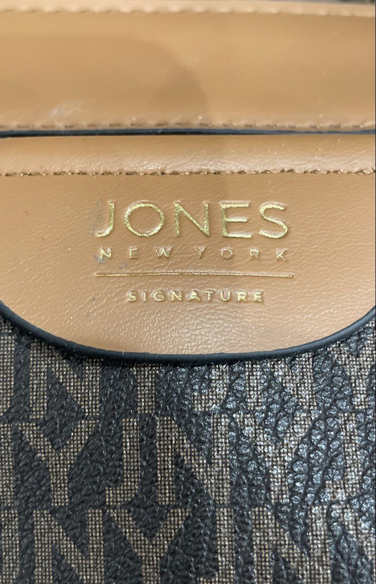 Jones New York Signature Brown Black Leather Monogram Tote Bag Gold Hardware