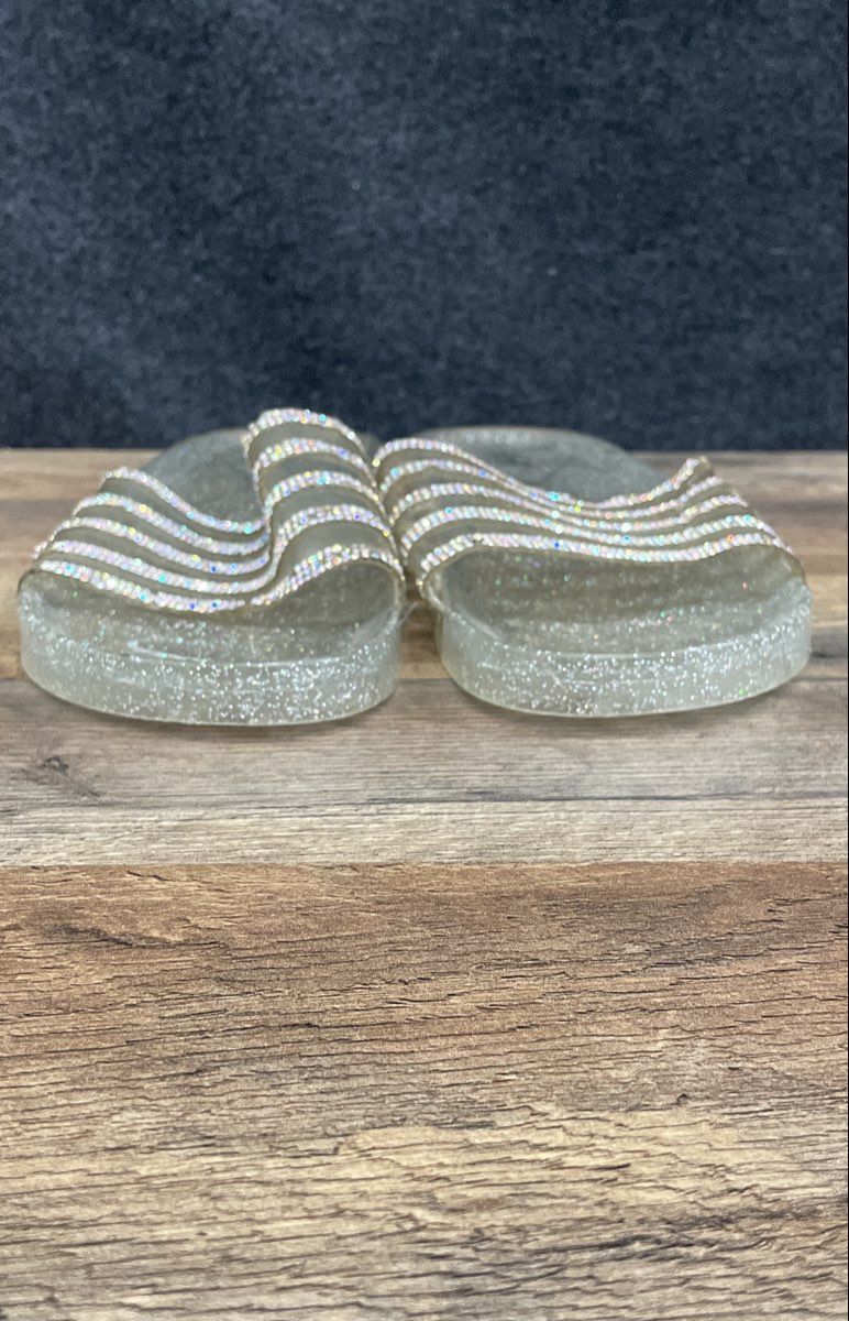 H2K Clear Transparent Silver Glitter Rhinestone Jelly Slides Women's Size 11