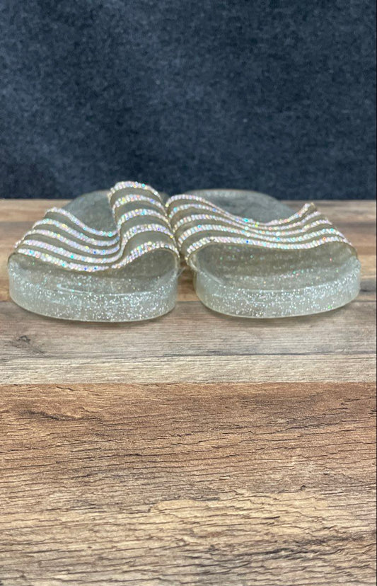 H2K Clear Transparent Silver Glitter Rhinestone Jelly Slides Women's Size 11