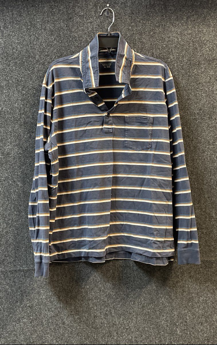 L.L. Bean Men's Blue Striped Organic Cotton Long Sleeve Polo Shirt Sz XL
