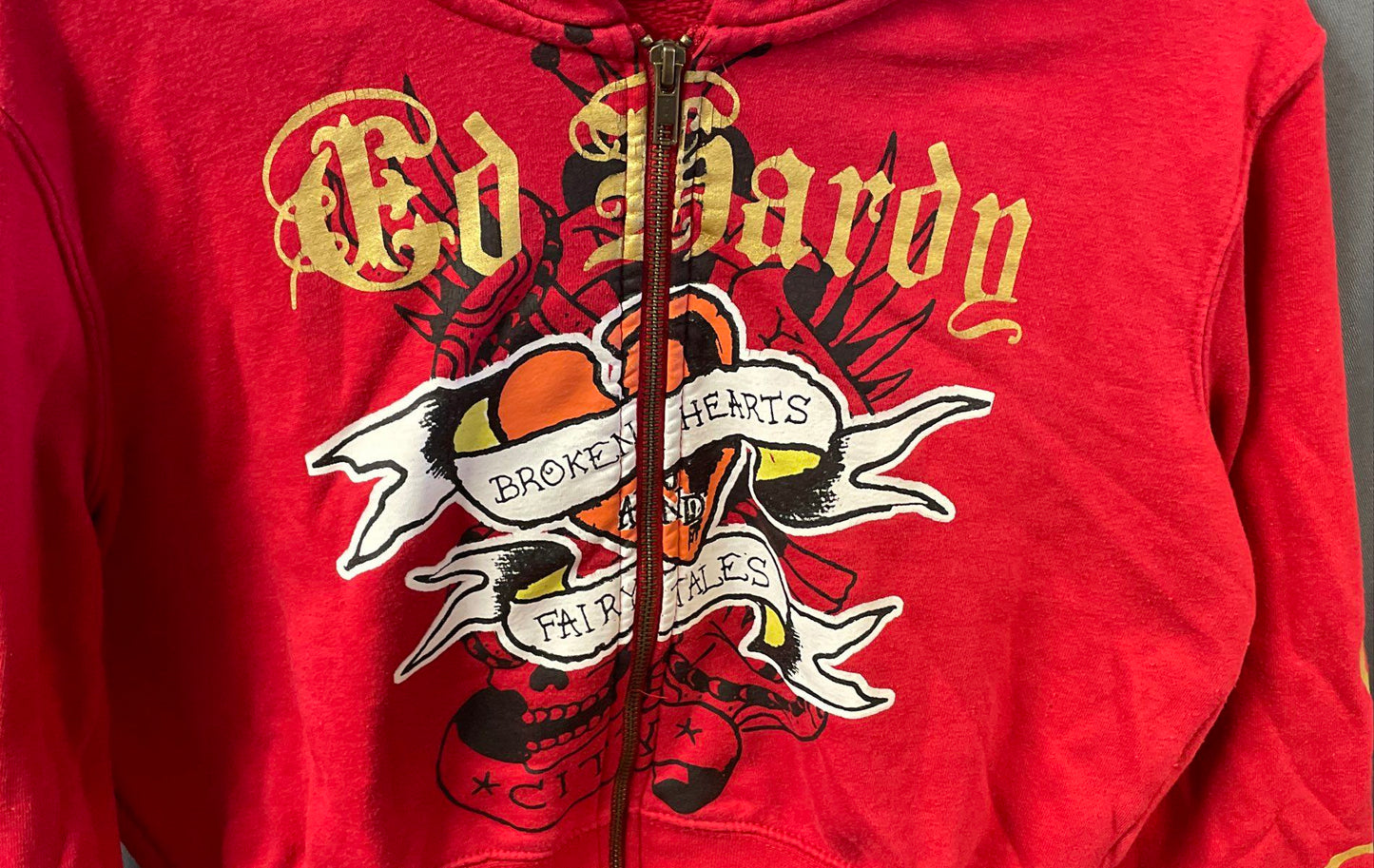 Ed Hardy Women's Red Broken Hearts Tattoo Graphic Eagle Crop Zip Up Hoodie Sz XL