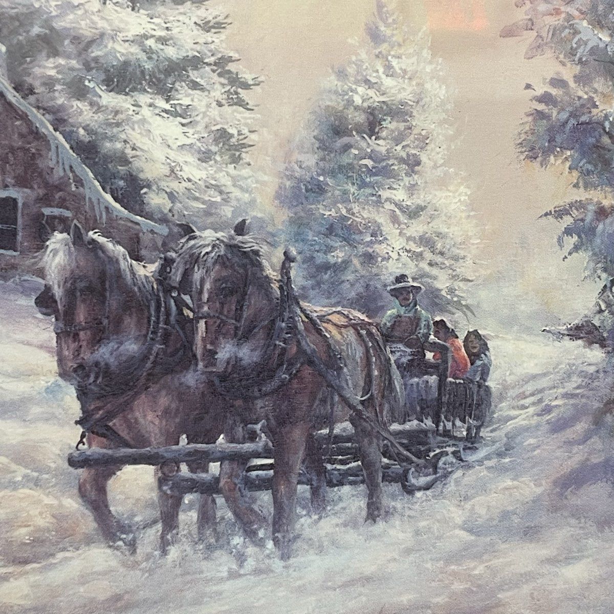 Lee K. Parkinson Signed Lithograph Print Winter Wonderland Horse Sleigh Framed