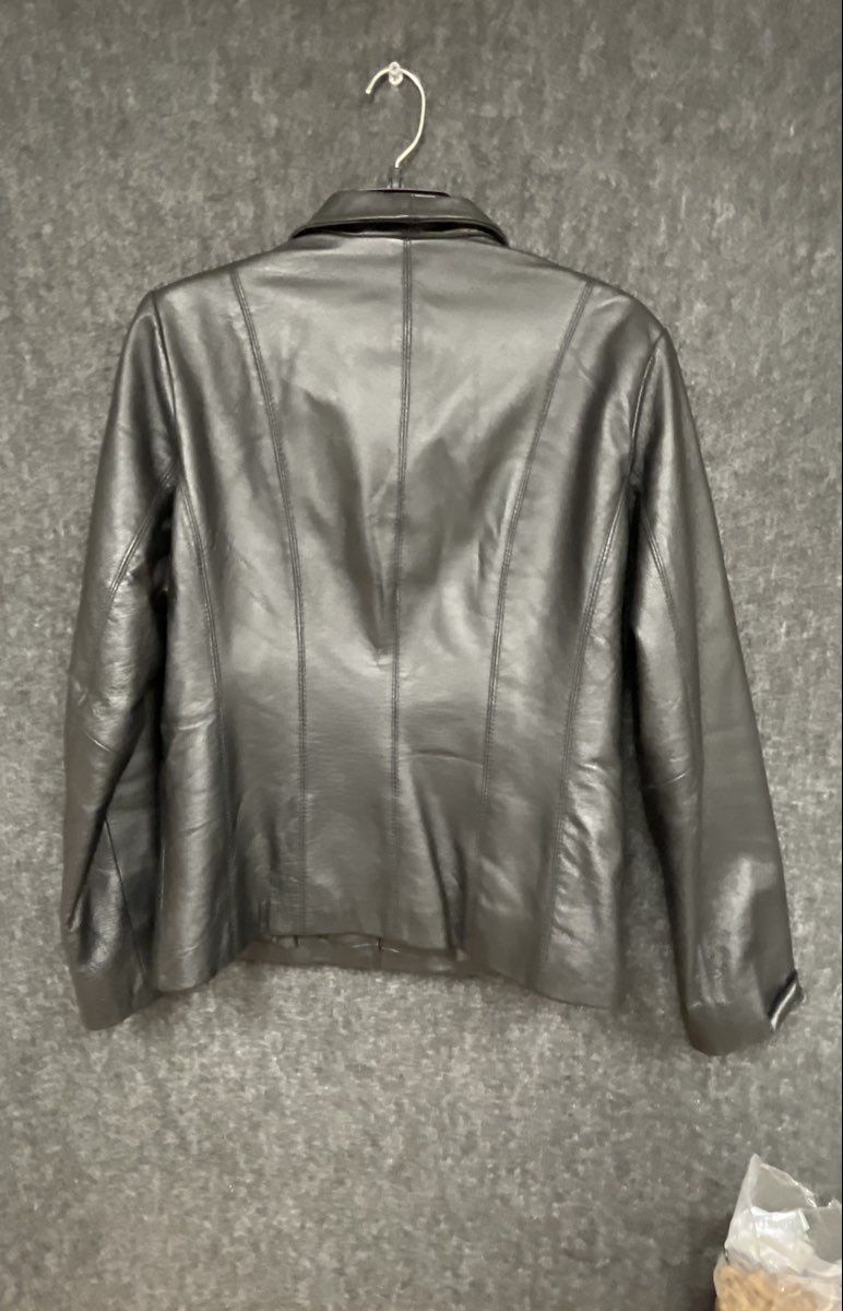 EMC Women's Black Leather Full Zip Stand Collar Tailored Jacket Sz S