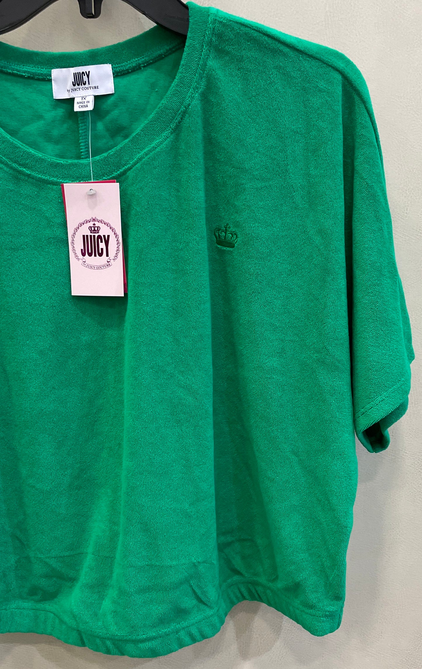 Juicy Couture Women's Green Palm Tree Terry Velour Crewneck Top Size 1X NWT