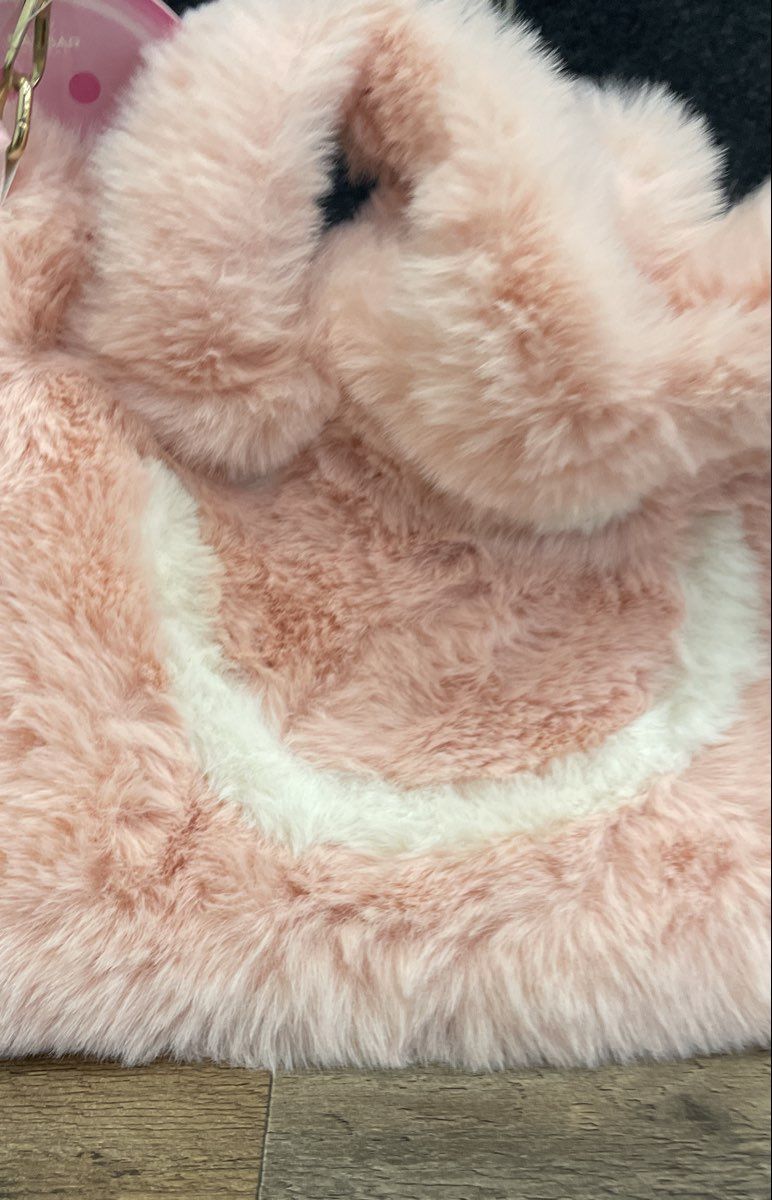 Danbar Pink Fuzzy Faux Fur Smiley Face Shoulder Bag Gold Chain Strap NWT