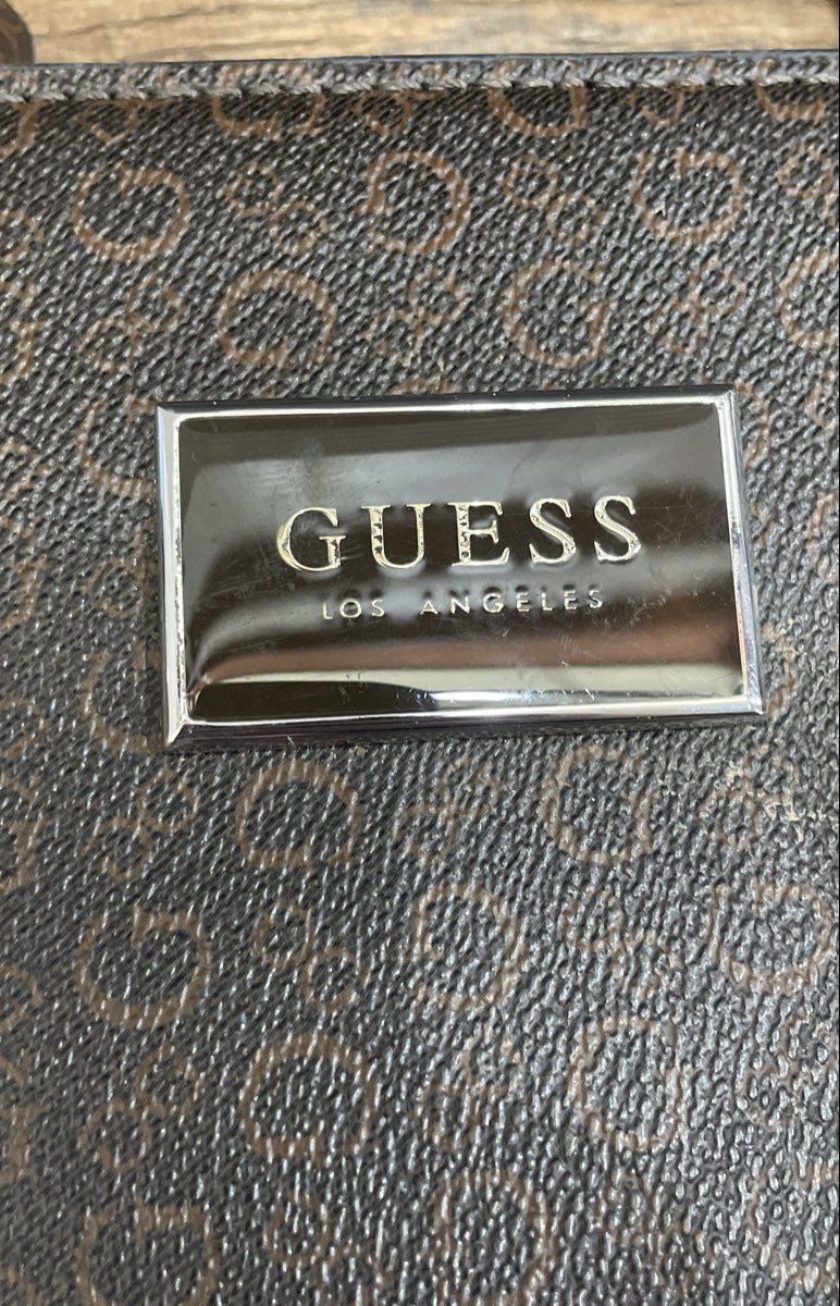Guess Brown Leather Monogram Satchel Handbag Crossbody Bag Tan Trim