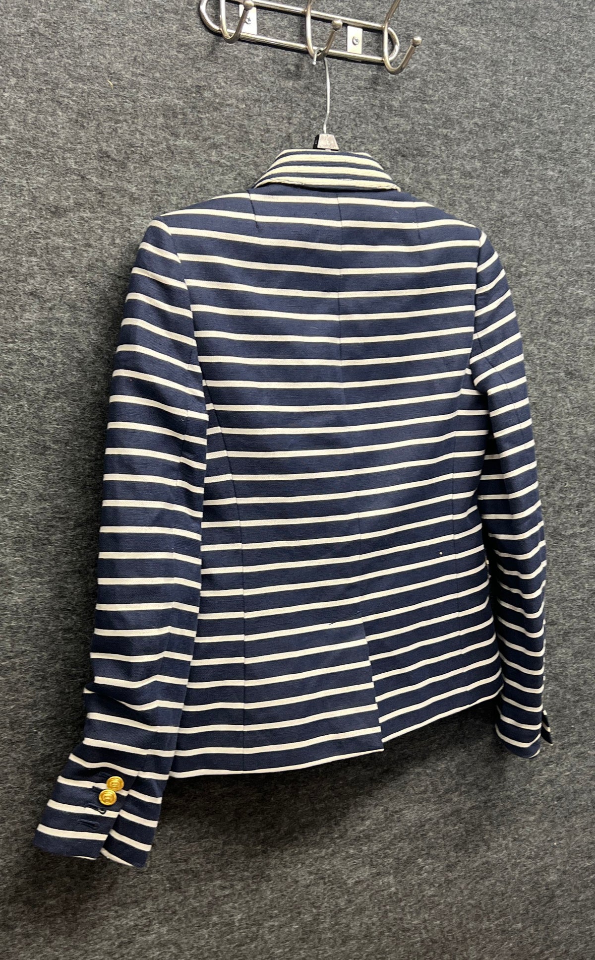 J.Crew Women's Blue White Striped Schoolboy Blazer Gold Crest Buttons Sz 0