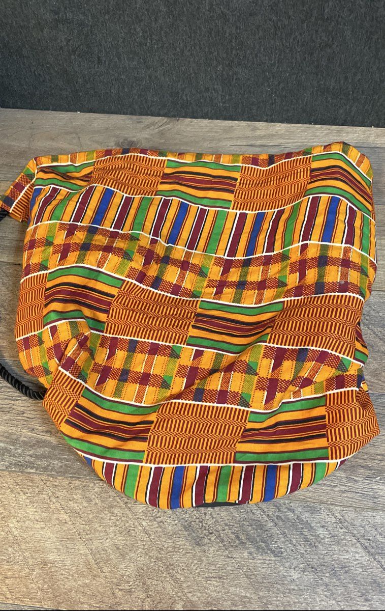 Vintage 90s Made in USA Kente Print 3 Piece Set Hat Sash Drawstring Bag