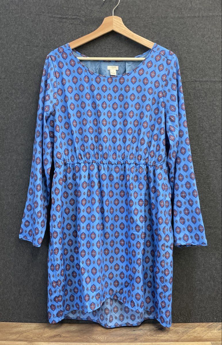 J. Crew Women's Blue Medallion Print Long Sleeve Faux Wrap Lined Dress Size 14
