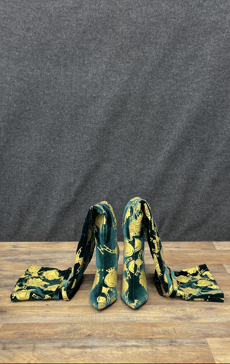 Chimzi Player Green Gold Lion Crest Velvet Thigh High Boots Women's Size 40
