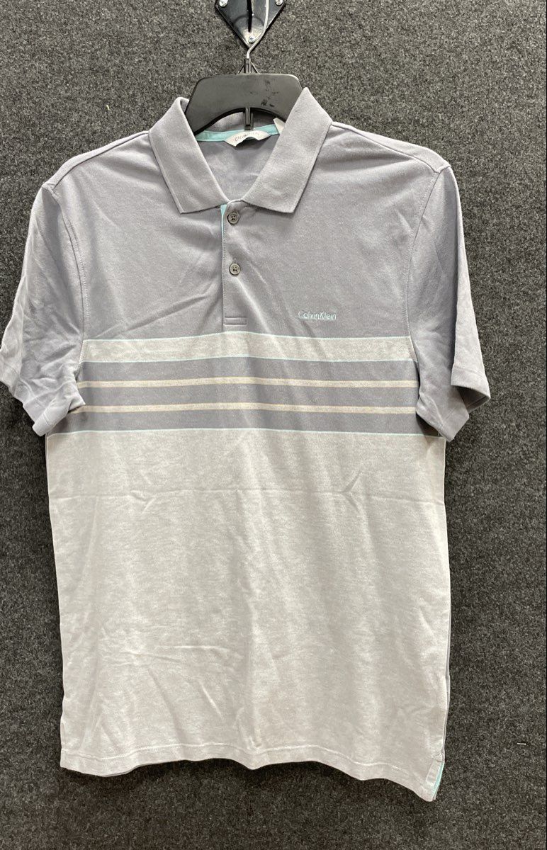 Calvin Klein Men's Gray Striped Short Sleeve Stretch Cotton Polo Shirt Size S