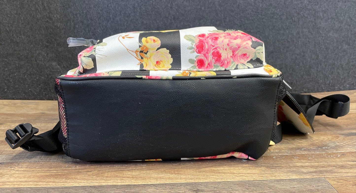 Betsey Johnson Black White Striped Rose Floral Faux Leather Backpack NWT
