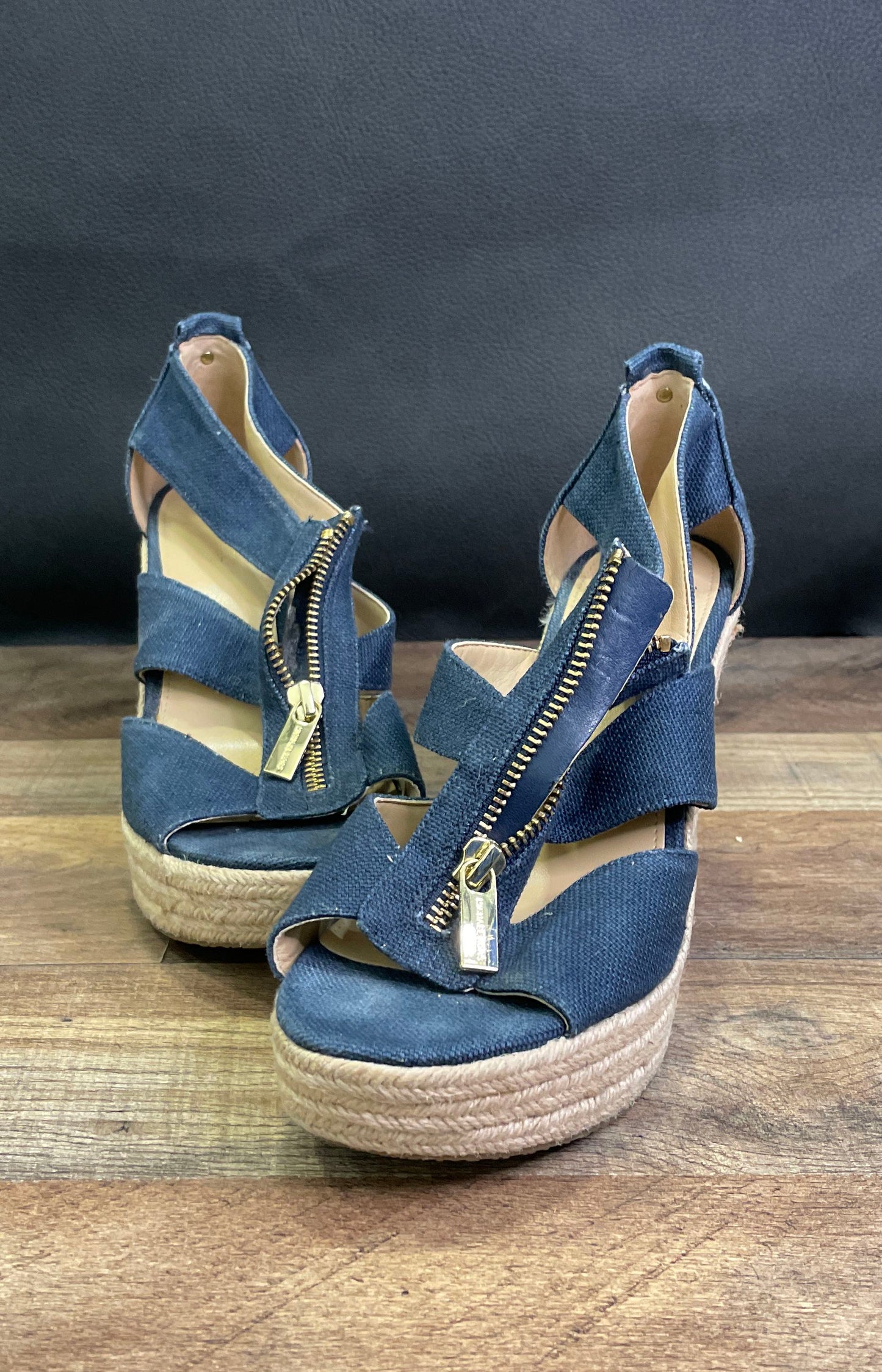 Michael Kors Damita Navy Blue Canvas Espadrille Wedge Sandals Women's Size 6.5M
