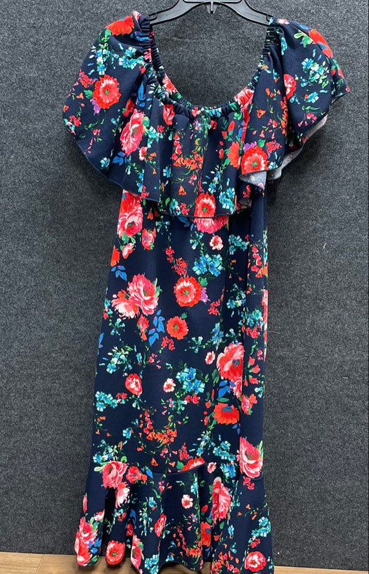 LuLaRoe Women's Maurine Dress Navy Blue Floral Off Shoulder Ruffle Mermaid Sz L
