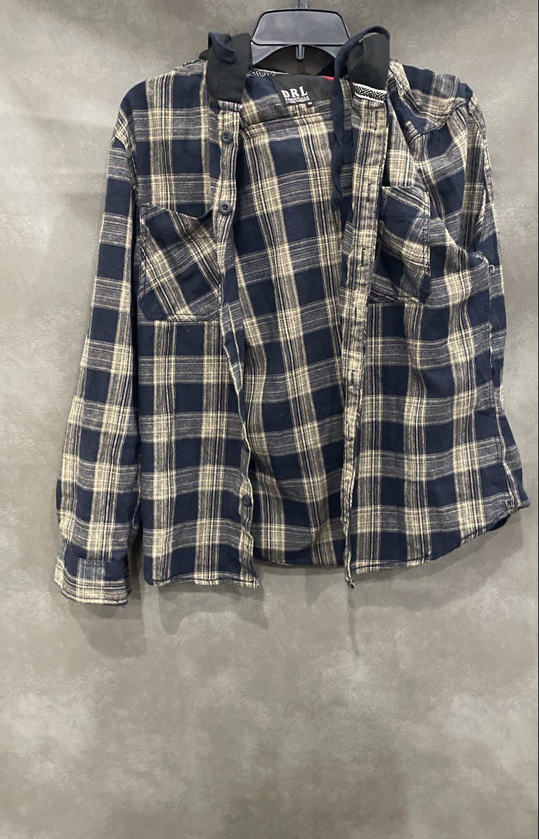 DRL Essentials Men's Blue Tan Plaid Hooded Flannel Shirt Sz S