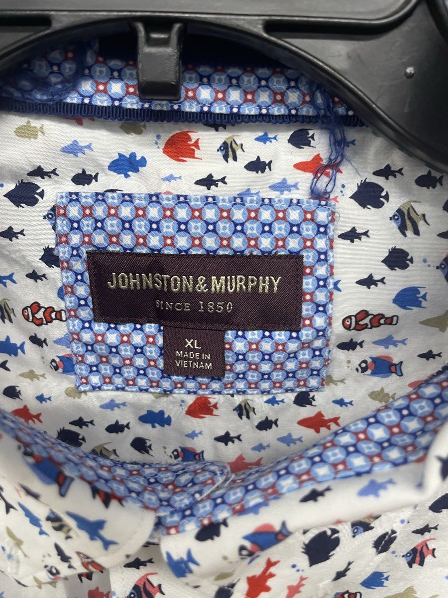 Johnston & Murphy Men's White Multi Fish Print Short Sleeve Shirt Sz XL
