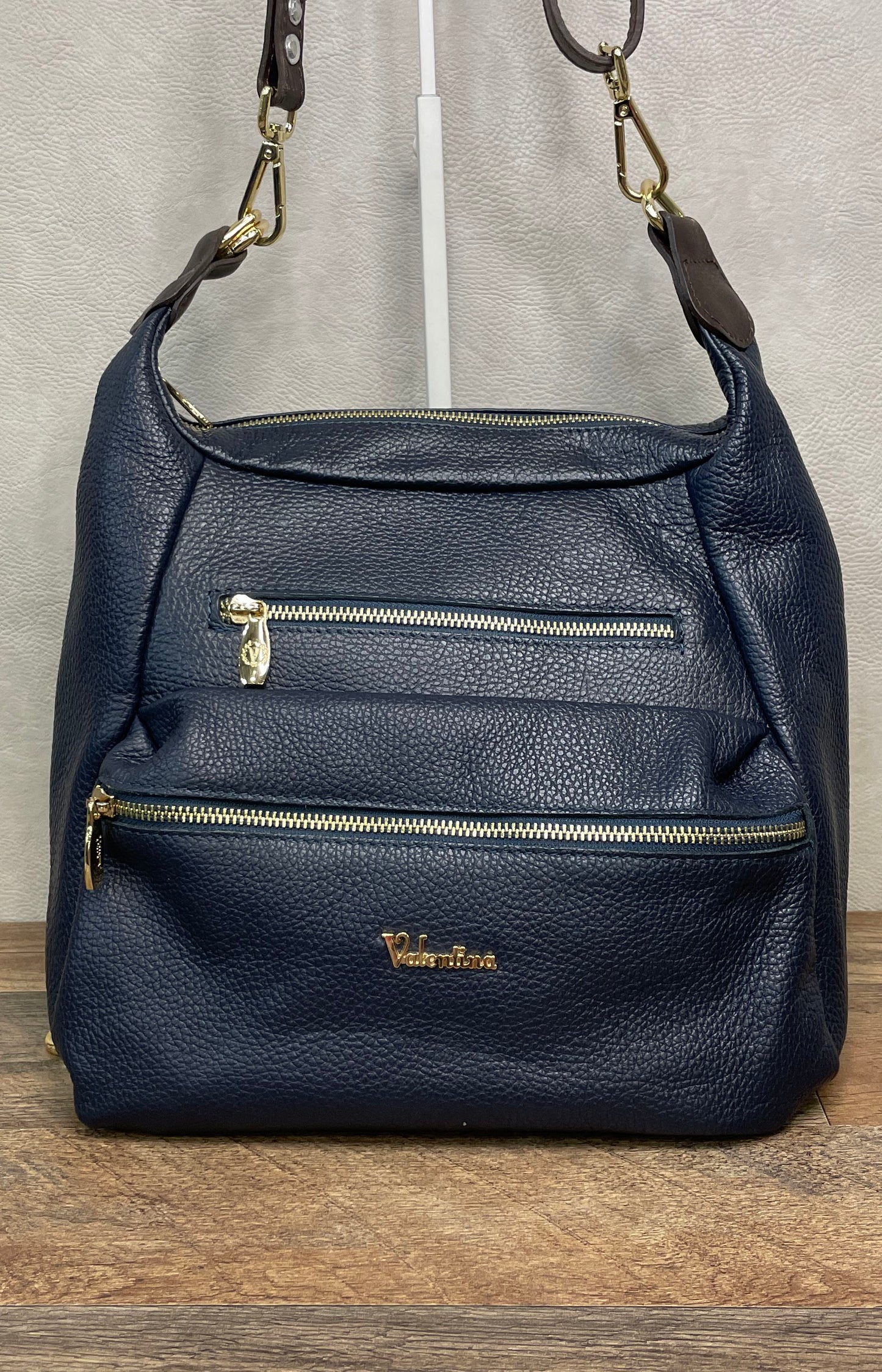 Valentina Navy Blue Pebbled Leather Shoulder Bag Gold Hardware Made in Italy