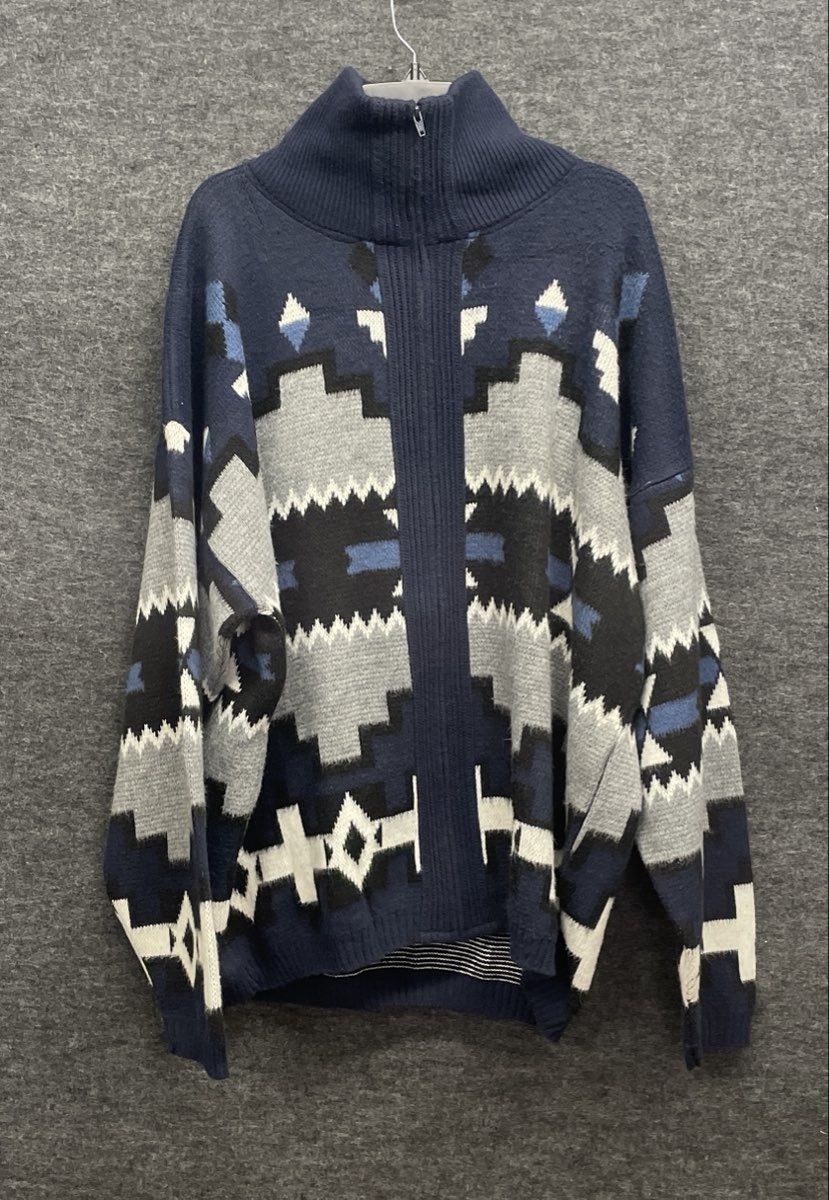 Vintage 90s Town Craft Men's Blue Geometric Aztec Quarter Zip Sweater Sz 2XLXT