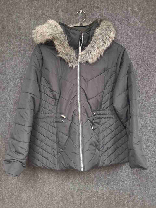 Maralyn & Me Women's Black Quilted Puffer Coat Faux Fur Trim Hood Sz 1X