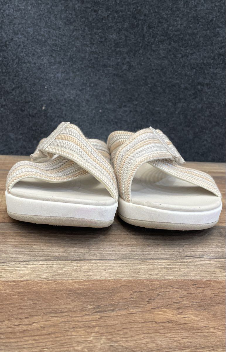 Clarks Cloudsteppers White Tan Striped Adjustable Slide Sandals Women's Size 10W