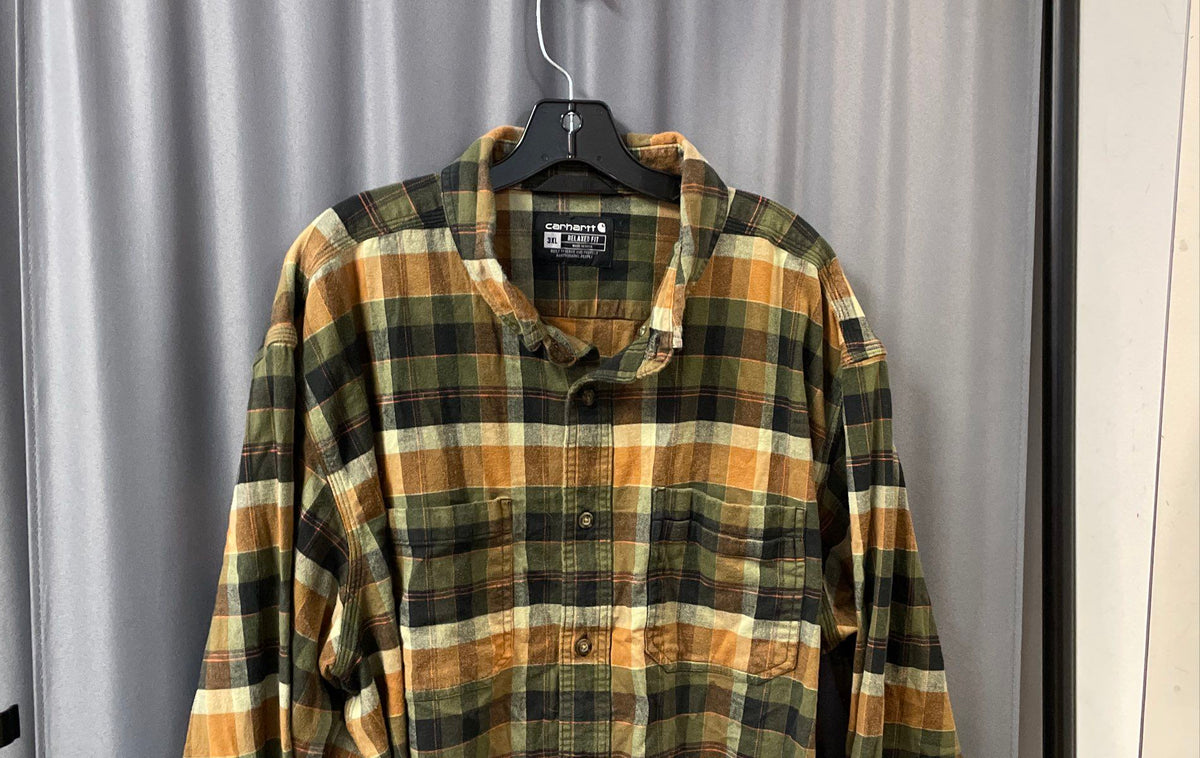 Carhartt Men's Brown Green Plaid Rugged Flex Relaxed Fit Flannel Shirt Sz 3XL
