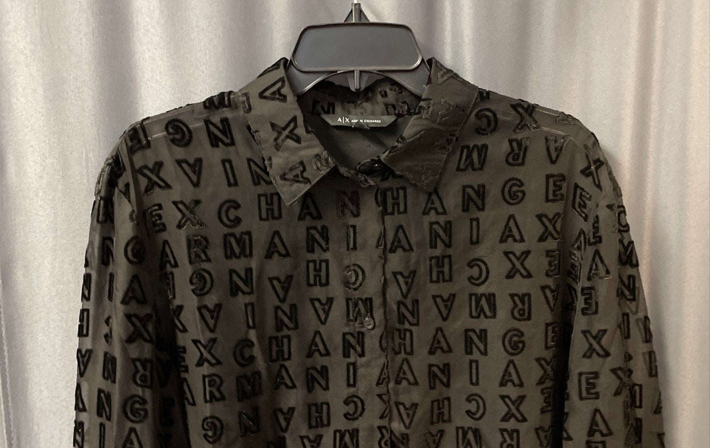 Armani Exchange Women's Black Sheer Logo Flocked Devore Button Up Shirt Sz L