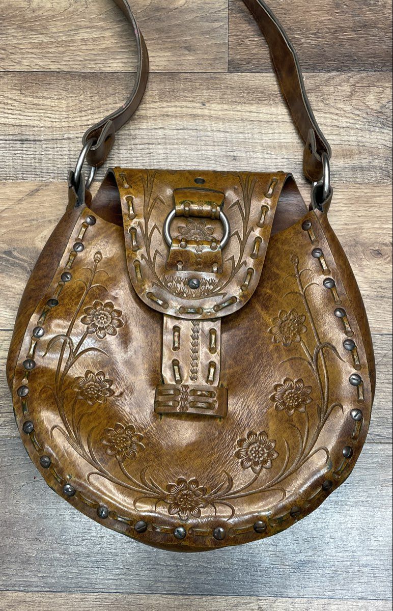 Vintage 1970s Brown Tooled Leather Floral Handmade Shoulder Bag