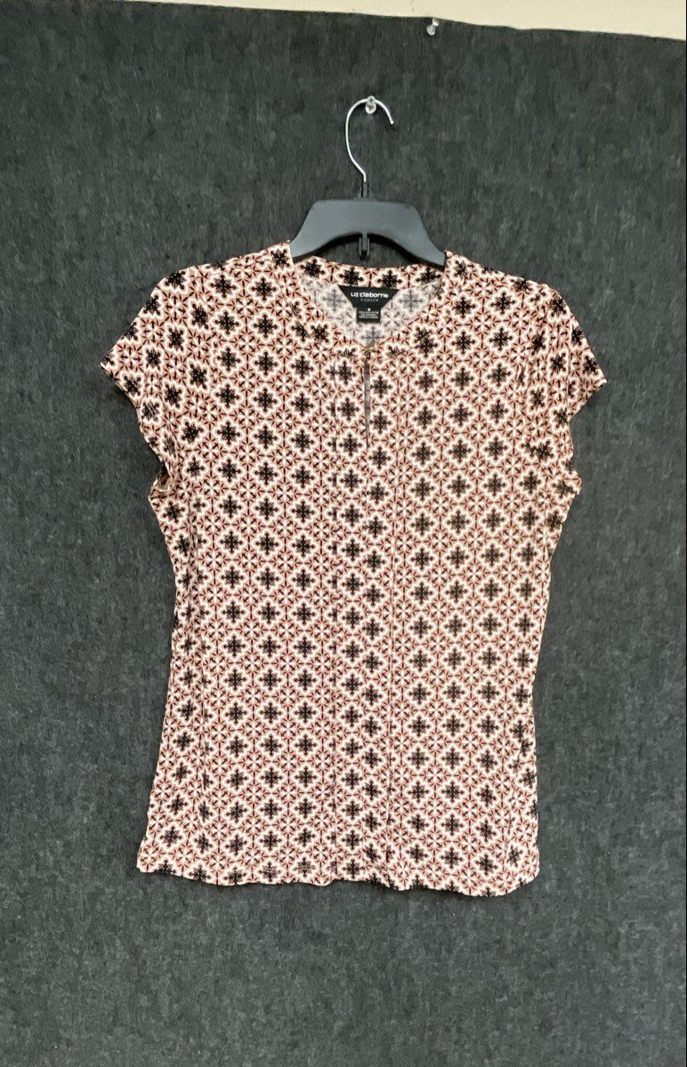 Liz Claiborne Career Women's Peach Medallion Print Split Neck Cap Sleeve Sz S